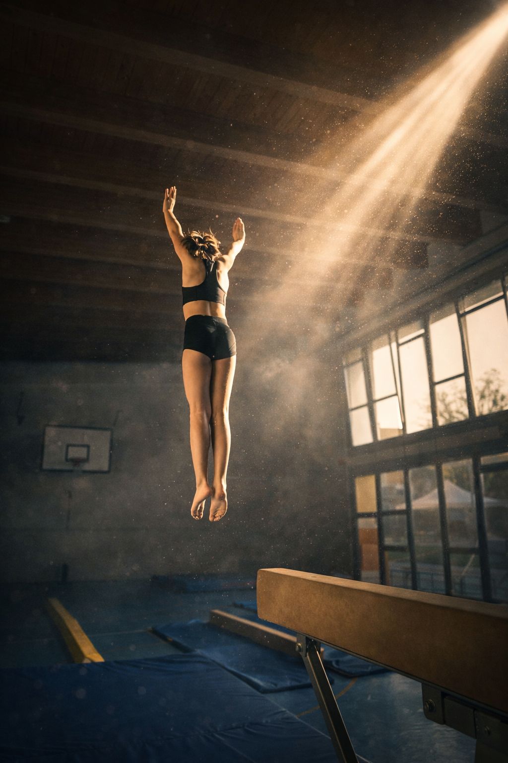 Ginnasta durante un salto sopra la trave